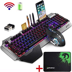 ZIYOU LANG Wireless Gaming Keyboard And Mouse Combo With Rainbow Led Backlit Rechargeable 4800Mah Battery Metal Panel Mechanical