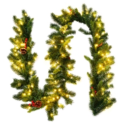 COSTWAY 9Ft Pre-Lit Artificial Christmas Garland Berries W/ 100 Led Lights & Timer In Red