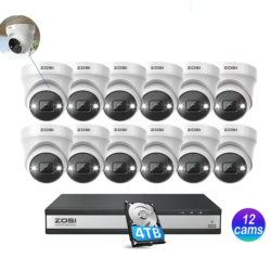 ZOSI 4K Ultra HD 16Ch Poe Nvr Security Camera System, 12PCs 8Mp Poe Wired Surveillance Cameras Outdoor \w Spotlight, 2-Way Audio, Human Detection