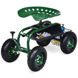 COSTWAY Garden Cart Rolling Work Seat W/ Tool Tray Basket In Green