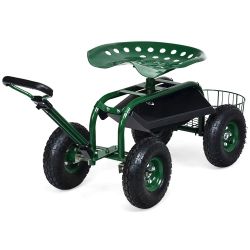 COSTWAY Garden Cart Rolling Work Seat W/tray Basket E Xtendable Handle In Green