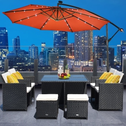 COSTWAY 10' Hanging Solar Led Umbrella Patio Sun Shade Offset Market W/base In Orange