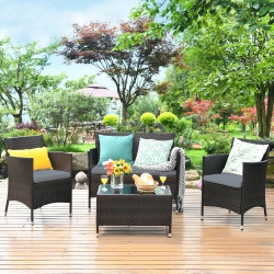 COSTWAY 4PCs Rattan Patio Furniture Set Cushioned Sofa Chair Coffee Table