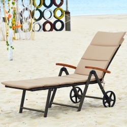 COSTWAY Folding Outdoor Pool Chaise Lounge Chair Aluminum Rattan Lounger Recliner Chair With Wheels