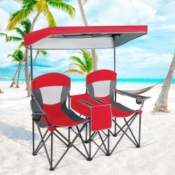 GYMAX Folding 2-Person Camping Chairs Double Sunshade Chairs W/ Canopy Blue/turquoise/red