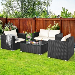 COSTWAY 4PCs Patio Rattan Furniture Set Cushioned Sofa Chair Coffee Table Off In White