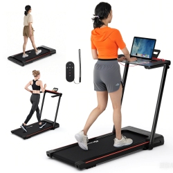 Goplus 3-in-1 Foldable Treadmill with Removable Desk Workstation Remote Control Black