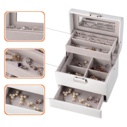 SORTWISE 3-Layer Pu Leather Jewelry Box, Jewelry Storage Organizer Travel Case Display Showcase With Mirror for Rings Earrings Necklaces