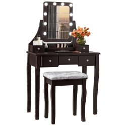 COSTWAY Vanity Dressing Table Set W/ 10 Dimmable Bulbs Touch Switch Cushion Stool