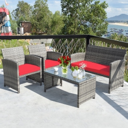 COSTWAY 4PCs Patio Rattan Conversation Glass Table Top Cushioned Sofa In Red