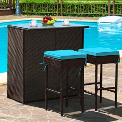 COSTWAY 3PCs Patio Rattan Wicker Bar Table Stools Dining Set Cushioned Chairs In Turquoise