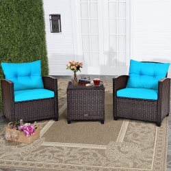 COSTWAY 3PCs Patio Rattan Furniture Set Cushioned Conversation Set Sofa