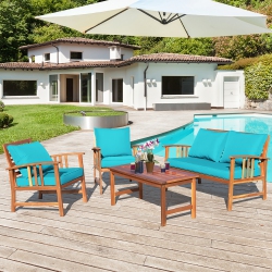 COSTWAY 4PCs Wooden Patio Furniture Set Table Sofa Chair Cushioned Garden In Turquoise