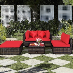 COSTWAY 5PCs Outdoor Patio Rattan Furniture Set Sectional Conversation W/cushion