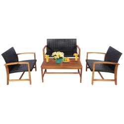 COSTWAY 4PCs Outdoor Patio Rattan Furniture Set Acacia Wood Frame Sofa Loveseat Garden