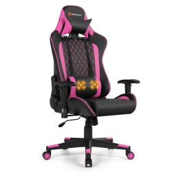 COSTWAY Goplus Premium Gaming Chair W/ Massage Function, Reclining Racing Chair, Lumbar Support And Headrest - In Pink