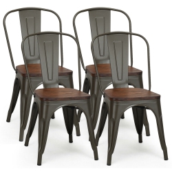 COSTWAY Set Of 4 Style Metal Dining Side Chair Wood Seat Stackable Bistro Cafe
