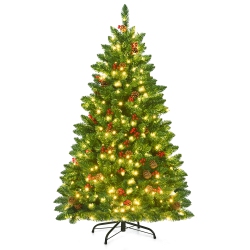 COSTWAY 4.5Ft Pre-Lit Hinged Christmas Tree W/ Pine Cones Berries And 300 Led Lights In Red