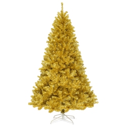 COSTWAY 7.5Ft Artificial Tinsel Christmas Tree W/1258 Tips Foldable Stand Champagne In Gold