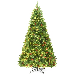 COSTWAY 7.5Ft Pre-Lit Hinged Christmas Tree W/ Pine Cones Berries And 550 Led Lights In Red