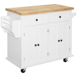 HOMCOM Kitchen Island Cart \w Rubber Wood Top, Rolling Kitchen Island Table On Wheels \w Drawers, Adjustable Shelves, Spice Rack And Towel Rack For