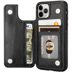LEDEX Leather Flip Wallet Case Card Holder Phone Back Cover for Iphone 12 (Black)