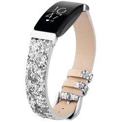 STRAPSCO Women's Leather Sequin Glitter Watch Band Strap for Fitbit Inspire & Inspire Hr - In Silver