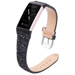 STRAPSCO Women's Leather Sequin Glitter Watch Band Strap for Fitbit Versa, Versa 2 & Versa Lite - In Black