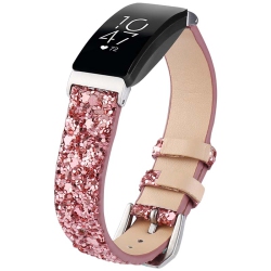 STRAPSCO Women's Leather Sequin Glitter Watch Band Strap for Fitbit Inspire & Inspire Hr - Rose In Gold