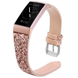 STRAPSCO Women's Leather Sequin Glitter Watch Band Strap for Fitbit Versa, Versa 2 & Versa Lite - Retro In Gold