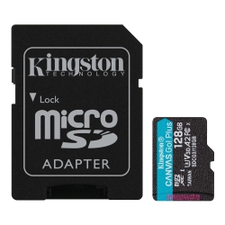 KINGSTON TECHNOLOGY - Canvas Go Microsd Plus Memory Card With Sd Adapter, 128GB Capacity, Class 10, Uhs-I, U3, V30, A2