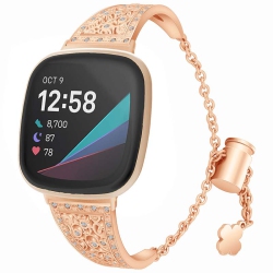 STRAPSCO Cuff & Chain Women's Decorative Watch Bracelet With Rhinestones for Fitbit Versa 3 - Retro In Gold