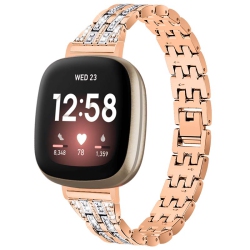 STRAPSCO Chain Link Metal Alloy Bracelet Watch Band Strap With Rhinestones for Fitbit Versa 3 - Rose & Silver In Gold