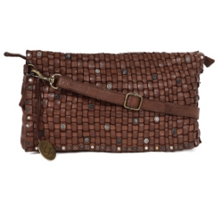 KOMPANERO Flora - Classy Italian Intrecciato Design - 14" Genuine Leather Handbag - In Brown