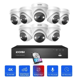 ZOSI 4K 8Ch Poe Nvr Home Security Camera System, 8PCs 8Mp Wired Poe Ip Surveillance Cameras Outdoor \w Spotlight, 2-Way Audio, Color Night Vision