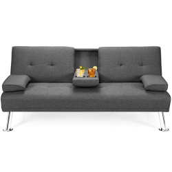 GYMAX Convertible Folding Futon Sofa Bed Fabric W/2 Cup Holders Dark/light In Gray