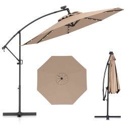 GYMAX 10Ft Offset Hanging Umbrella Patio Outdoor W/ 32 Solar Led Lights