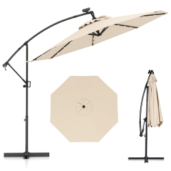 GYMAX 10Ft Offset Hanging Umbrella Patio Outdoor W/ 32 Solar Led Lights