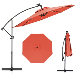 GYMAX 10Ft Offset Hanging Umbrella Patio Outdoor W/ 32 Solar Led Lights