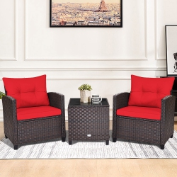 GYMAX 3PCs Outdoor Patio Rattan Conversation Set W/ Coffee Table Cushion In Red