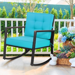 GYMAX Outdoor Wicker Rocking Chair Patio Lawn Rattan Single Chair Glider W/ Cushion In Turquoise