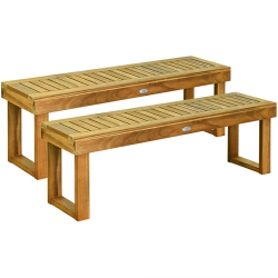 GYMAX Set Of 2 Acacia Wood Bench Dining Bench Patio Garden W/ Slatted Seat Indonesia Teak