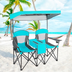 GYMAX Folding 2-Person Camping Chairs Double Sunshade Chairs W/ Canopy Blue/turquoise/red