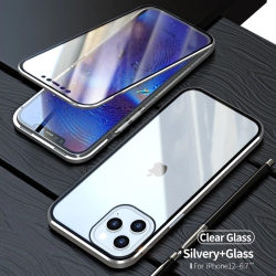 KELVIN 360° Front+Back Clear Tempered Glass Metal Magnetic Case Cover for Iphone 12 Pro Max (Silver)