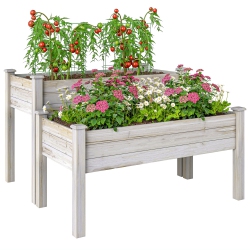 OUTSUNNY 2 Tiers Raised Garden Bed, Wooden Elevated Planter Box \w Legs Gardening Planting Bed \w 2 Compartments for Flower Vegetable Herb Grow