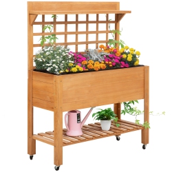 OUTSUNNY Wooden Raised Garden Bed \w Wheels And Brakes, Elevated Planter Box \w Trellis And Shelves, for Growing Flowers, Vegetables, Herbs In