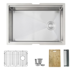 STYLISH 27 Inch Workstation Single Bowl Undermount 16 Gauge Stainless Steel Kitchen Sink With Built In Accessories