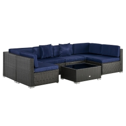OUTSUNNY 7 Piece Patio Furniture Set, Pe Rattan Outdoor Conversation Set \w Sectional Sofa, Glass Tabletop, Cushions And Pillows for Garden, Lawn