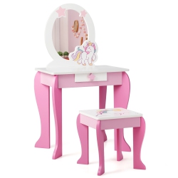 COSTWAY Vanity Makeup Dressing Table Chair Set Wooden With Mirror Drawer