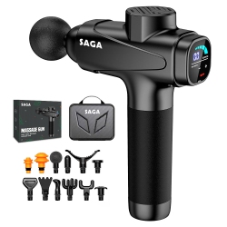 SAGA Premium Deep Tissue Massage Gun – 30 Speed Levels, Touchscreen, Extra Quiet & Powerful, Leather Carry Case, Gift-Ready Packaging